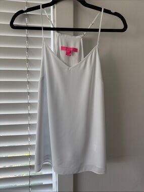 Lulu's White V-Neck Satin Cami with Hot Pink Tag